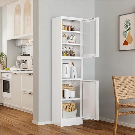 Metal Bathroom Storage Cabinet, 67" Tall Narrow Freestanding Floor Cabinet with Adjustable Shelves and Open Compartment, Slim Metal Locker for Laundry, Kitchen, Dining Room (White-Glass, 67"H) - ModernBath
