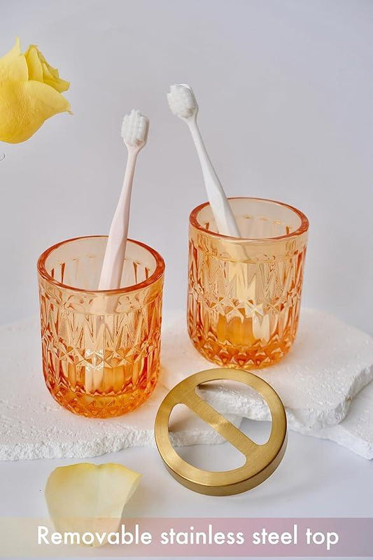 LaMarriti Orange Bathroom Accessories Set, 5Pcs Clear Glass Bathroom Set, Lotion Soap Dispenser, Soap Dish, Tumbler, Toothbrush Holder Set, Qtips Holder for Vintage Bathroom Decor, Gift Set - ModernBath