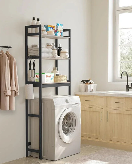 SONGMICS Over-The-Toilet Storage, 3-Tier Bathroom Organizer Over Toilet with Adjustable Shelves, Hooks, Bamboo, Freestanding Space Saver Bathroom Shelves, Heather Greige and Ink Black UBTS012W01 - ModernBath