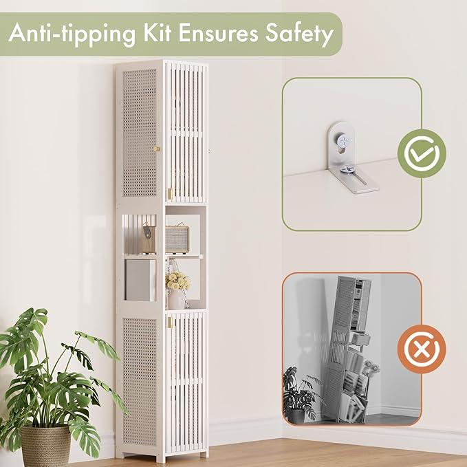 Amazer 70'' Tall Bathroom Storage Cabinet Bamboo, Slim Storage Cabinet with Rattan Door and Adjustable Shelves, Narrow Freestanding Organizer for Living Room Kitchen, White - ModernBath