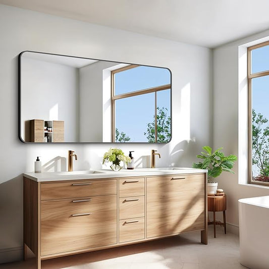 BONEWEI 30x60 inch Bathroom Mirror,Black Rectangle Mirror,Wall Mounted Bathroom Frame Vanity Mirror with Round Corner for Bedroom Living Room, Entryway Hangs Horizontal or Vertical