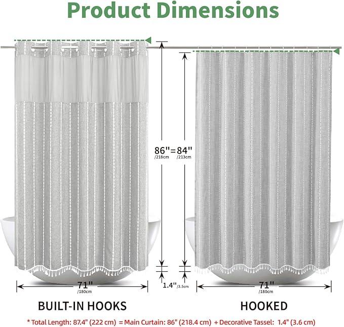 eachope No Hook Extra Long Shower Curtain Set with Snap-in Liner,Linen Textured Thick Striped Fabric with Tassels,Boho Chic Modern Farmhouse Bathroom Curtain,Water-Repellent,Grey/Gray,71x86 - ModernBath