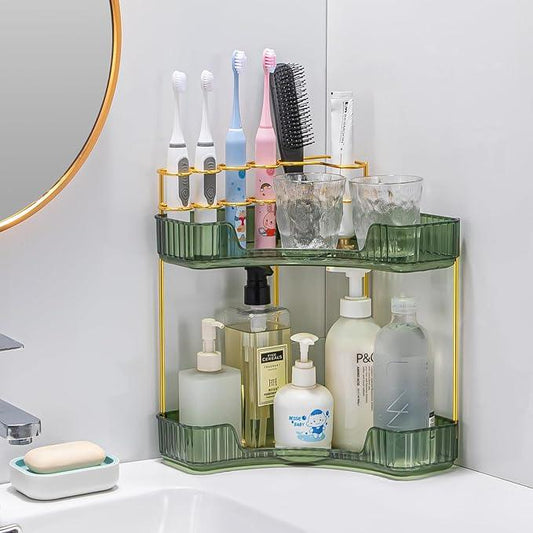 shuang qing Upgraded 2-Tier Corner Bathroom Countertop Organizer – Spacious Storage for Makeup, Skincare & Perfumes, Built-in Brush Holder Fits Vanity/Dresser/Bsthtub (Sage Green) - ModernBath