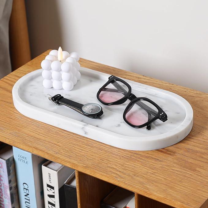 Faticdorr Carrara White Marble Tray, 2 Pcs, Marble Vcnity Tray, Bathroom, Decor for Trinket Perfume Jewelry Candle, 12 Inch Oval - ModernBath
