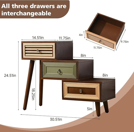 30.5" Vintage Accent Chest with 3 Drawers, Asymmetrical Stacked Design, Multicolored Hand-Carved Decorative Rustic Cabinet, Side Table for Living Room, Entryway, or Small Space