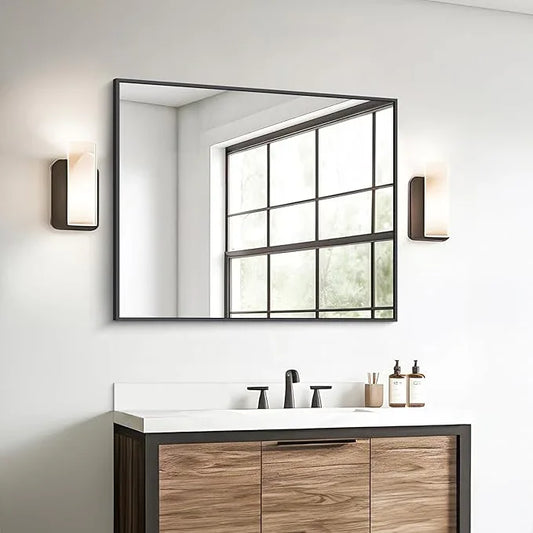 BONEWEI Bathroom Mirror,30x36 inch Wall Mirror for Bathroom Wall Mounted Black Rectangle Square Corner Mirrors, Black Bathroom Mirror for Living Room, Farmhouse, Bedroom Entryway, Horizontal/Vertical - ModernBath