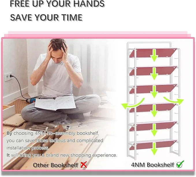 4NM No Assembly 6 Tiers Folding Bookshelf Storage Shelves Vintage Bookcase Standing Racks Study Organizer Home Office (Pink White) - ModernBath