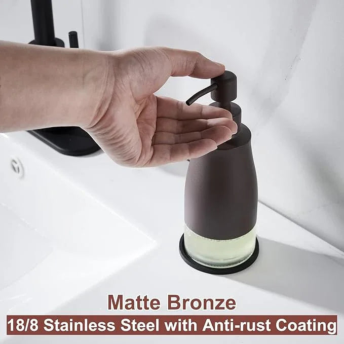 Gaussra Bronze Soap Dispenser with Coaster and Stickers, Stainless Steel and Glass Bottle Hand Pump Dispenser, Refillable Liquid Hand Soap Dispenser for Bathroom & Kitchen (11OZ / 320ML) - ModernBath