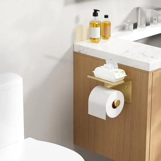 Toilet Paper Holder with Shelf, Adhesive or Screw Wall Mount Toilet Paper Roll Holder for Bathroom, 304 Stainless Steel Commercial Toilet Tissue Roll Dispenser with Phone Shelf (Brushed Gold) - ModernBath