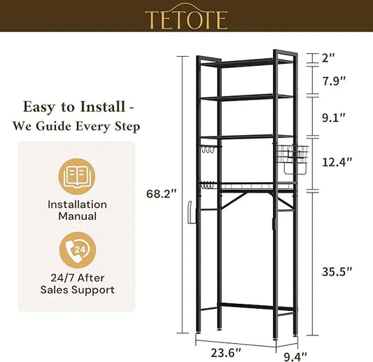 TETOTE Over Toilet Bathroom Organizer, 4-Tier Bathroom Over The Toilet Storage with Adjustable Shelf and Basket, Freestanding Space Saver Bathroom Shelves Above Toilet for Room(Black) - ModernBath