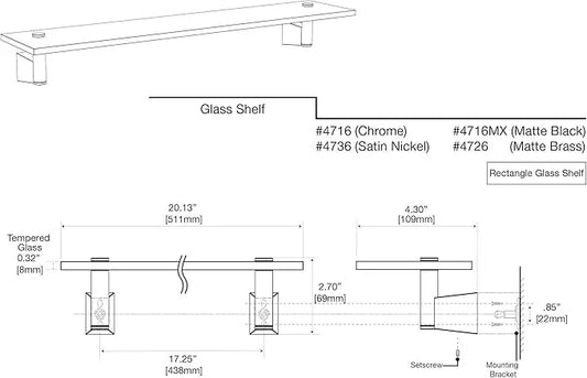 Gatco 4716 Bleu Glass Shelf, Chrome/Wall Mounted 20.13" X 4.30" Tempered/Floating Rectangle Glass Shelf for Bathroom - ModernBath