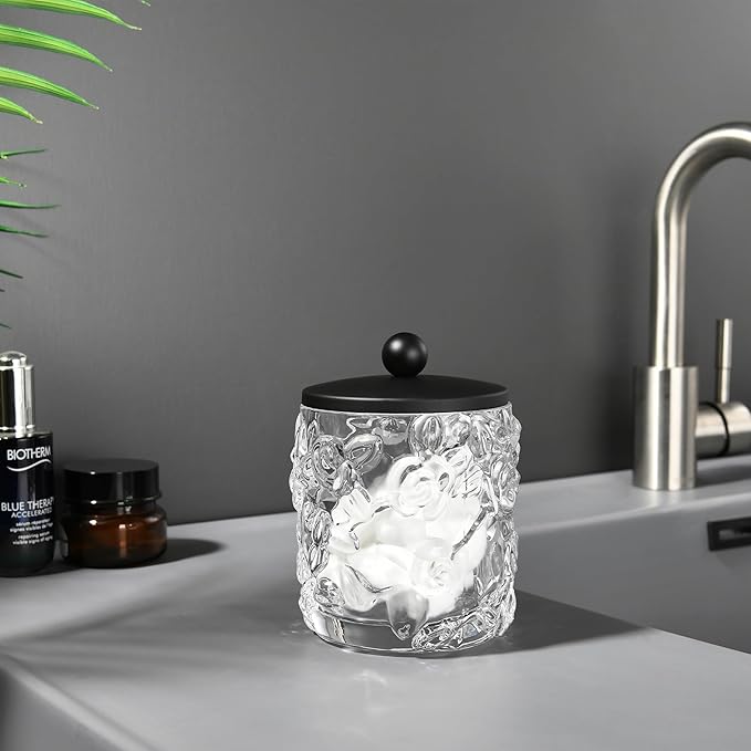 Indecor Home Clear Transparent Apothecary Floral Embossed Glass Jar With Matte Black Metal Lid Cover for Bathroom Organization, Cotton Balls, Q Tips, and Small Accessories, Bathroom Storage