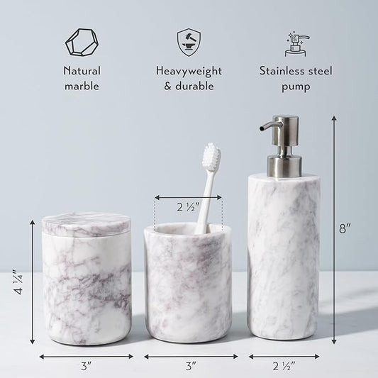 Cork & Mill Marble Bathroom Accessories Set, Complete 3 Piece Set with Soap Dispenser, Toothbrush Holder & Canister with Lid for Qtips, White Marble Bath Countertop Vanity Decor Organizer