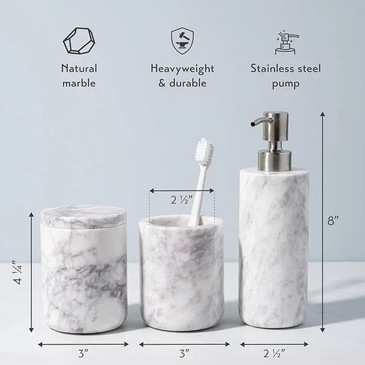 Cork & Mill Marble Bathroom Accessories Set, Complete 3 Piece Set with Soap Dispenser, Toothbrush Holder & Canister with Lid for Qtips, White Marble Bath Countertop Vanity Decor Organizer - ModernBath