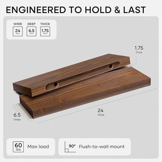 Homeforia Classic Walnut 24 inch Floating Shelf, High End Solid Real Wood Small 24inch Floating Shelves for Wall Mounted, 24in Floating Shelves, Heavy Duty Bracket, 24 X 6.5 X 1.75 inches, Set of 3 - ModernBath