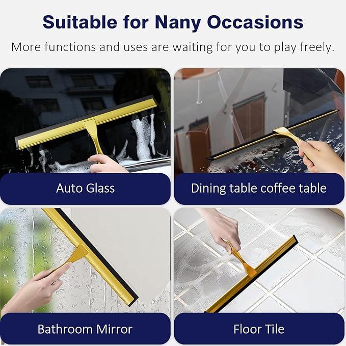 TOOVEM 12 Inch Shower Squeegee for Glass Doors, Window, Bathroom, Car Windshield, Shower Cleaning Tools with S Hook, Square Sticky Hook(Gold) - ModernBath