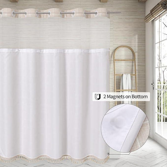 MitoVilla No Hooks Required Farmhouse Shower Curtain with Snap-in Liner - with Window & Magnets, Boho Cotton Linen Fabric Shower Curtains with Tassels for Rustic Bathroom Decor, Beige/Cream, 72 x 74 - ModernBath