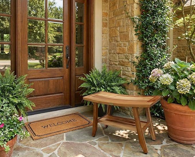 EcoDecors 28" Satori Teak Shower Bench –Bath Seat, Natural Wood Finish Water-Resistant Spa Bench | Slatted Design & Adjustable Feet for Indoor Outdoor Use | Sturdy & Safe - ModernBath