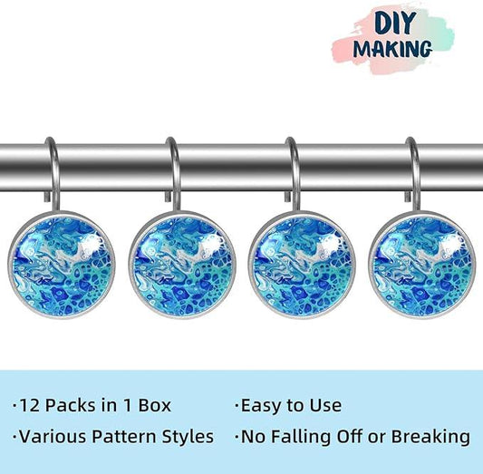 12 Pcs Decorative Shower Curtain Hooks, Rust Proof Glass Surface Stainless Steel Rings for Bathroom Bedroom Kitchen Home Bath Room Rods Decor (Turquoise Liquid Texture) - ModernBath