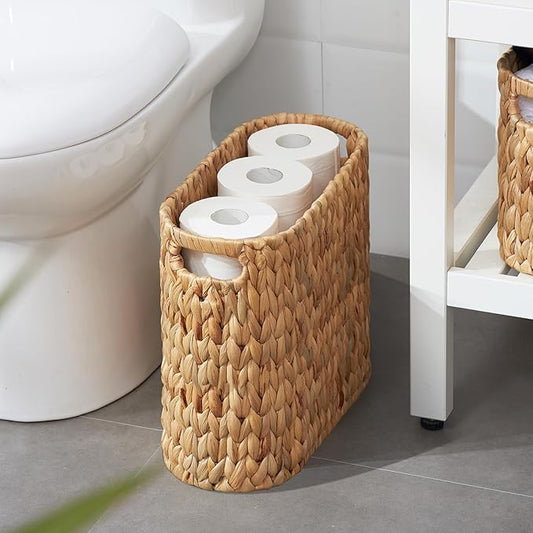 ELONG HOME Toilet Paper Storage for 9 Rolls, Water Hyacinth Wicker Toilet Paper Storage Holder, Toilet Paper Basket with Built-in Handles
