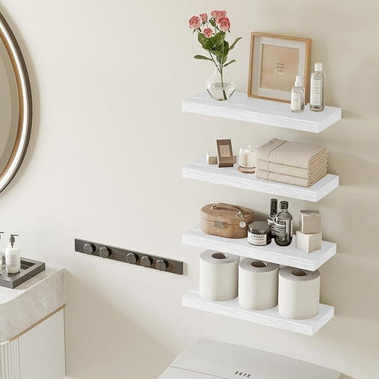 Fixwal 15.8in Floating Shelves, Rustic Wood Finish Wall Shelves Set of 4, Shelves for Wall Decor, with Invisible Brackets for Bathroom, Living Room,Bedroom and Kitchen(White) - ModernBath