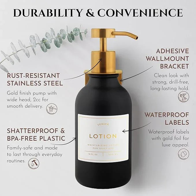 Shampoo & Conditioner Dispenser - Shower Soap Dispenser Wall Mounted - 16.9 Oz Plastic Bottle with Pump & Holder - Shampoo Dispenser - Shower Dispenser Chamber No Drill (1 X Black/Gold) - ModernBath