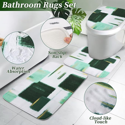 XLHOMO Bathroom Set - Dark Green and Gold Bathroom Accessories Set, Bathroom Sets with Shower Curtain and Rugs, Green Shower Curtain Set with Bathroom Trash Can, Soap Dispenser, Soap Dish for Home