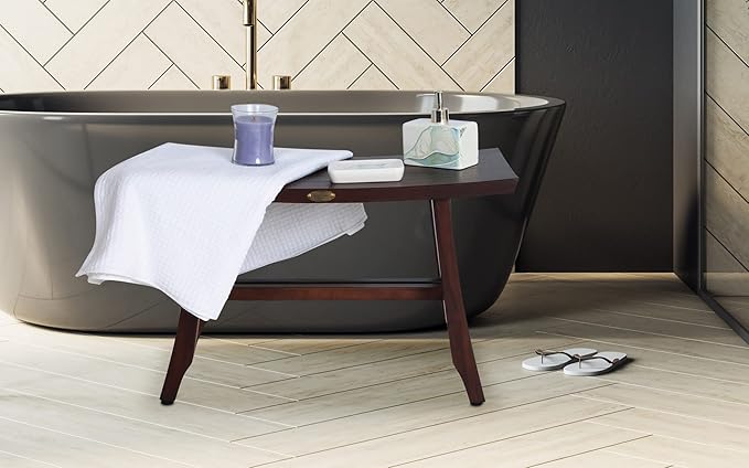 DecoTeak Teak Shower Bench – 28 Inch Waterproof Wooden Seat for Inside Shower Spa-Quality Shower Chair | Curved Seat for Adults | Non-Slip Feet | Safety for Seniors