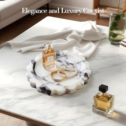 SAMAH Calacatta Viola Scalloped Marble Tray, Natural Marble Jewelry Dish, Luxury Decorative Trays for Bathroom, Vanity, Dresser, Kitchen & Home Decor, House Warming Gifts New Home (Round, 6.3Inch)