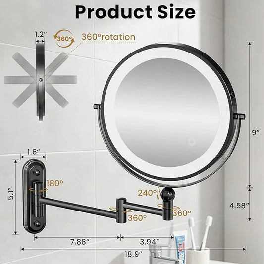 Rocollos Rechargeable Wall Mounted Lighted Makeup Mirror, 8 Inch Double-Sided LED Vanity Mirror 1X/10X Magnification,3 Color Lights Touch Screen Dimmable (Black-30X) - ModernBath