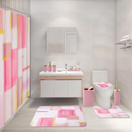 XLHOMO Bathroom Set - Pink and Gold Bathroom Accessories Set, Bathroom Sets with Shower Curtain and Rugs, Pink Shower Curtain Set with Bathroom Trash Can, Soap Dispenser, Soap Dish for Home Decor