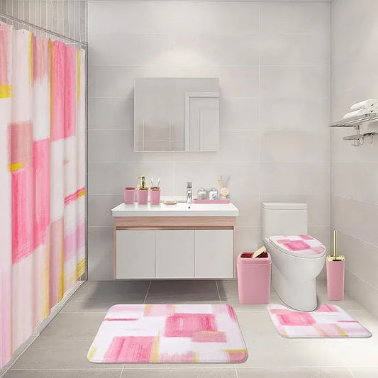 XLHOMO Bathroom Set - Pink and Gold Bathroom Accessories Set, Bathroom Sets with Shower Curtain and Rugs, Pink Shower Curtain Set with Bathroom Trash Can, Soap Dispenser, Soap Dish for Home Decor - ModernBath