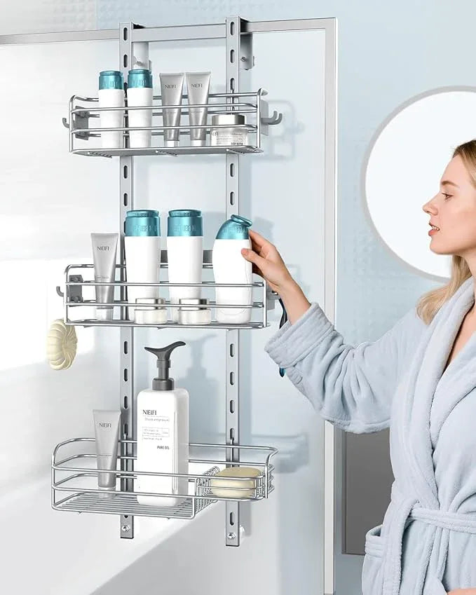 Nieifi Over The Door Shower Caddy Pantry Organizer Rack, Adjustable Hanging Shower Organizer Shelf Basket Storage Rack, Bathroom Shelves Drill Free Extra Large, Silver - ModernBath