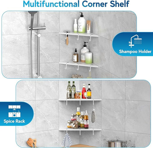 Corner Shower Shelves, 10" White 304 Stainless Steel Recessed Shelf for Bathroom,Grout in Shelf with Hooks for Tiled Wall 2 Pack (White)