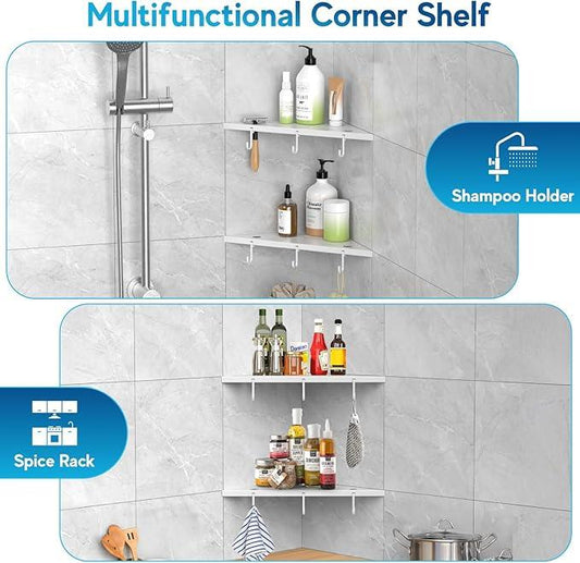 Corner Shower Shelves, 10" White 304 Stainless Steel Recessed Shelf for Bathroom,Grout in Shelf with Hooks for Tiled Wall 2 Pack (White) - ModernBath