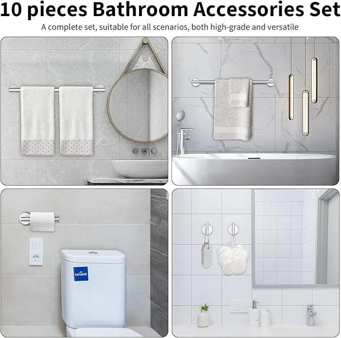 Newfun 10Pcs Brushed Nickel Bathroom Hardware Set - Includes 24&18inch Towel Bar, Robe Hook, Toilet Paper Holder, 2 Pack 5 Piece Bathroom Accessories Set Stainless Steel Wall Mounted - ModernBath
