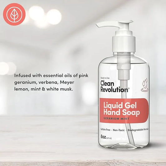Clean Revolution Liquid Gel Hand Soap, Silky Rich Liquid, Quick Lather, Fast Rinsing, Contains Real Essential Oils (Geranium Mint) 8 Fl Oz - ModernBath