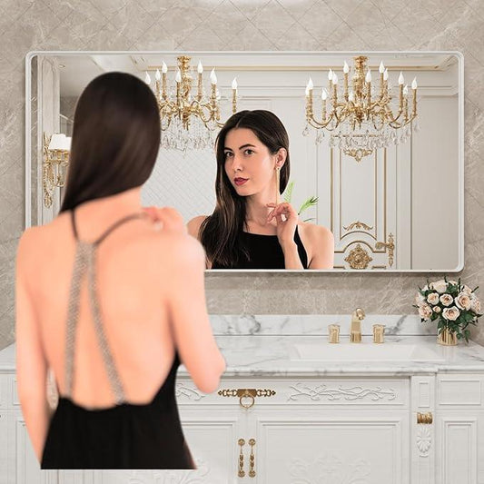 LOAAO 72x40 Inch White Metal Framed Bathroom Mirror for Wall, White Bathroom Vanity Mirror Farmhouse, Large Rounded Rectangle Mirror, Anti-Rust, Tempered Glass, Hangs Horizontally or Vertically - ModernBath