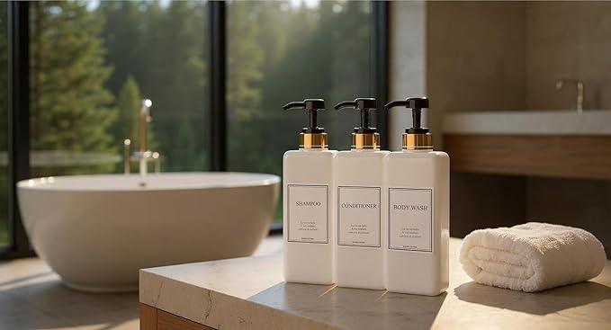 Shampoo and Conditioner Dispenser - Modern Gold Design Large 27oz Shower Soap Dispenser Set of 3, Refillable Empty Plastic Pump Bottles for Bathroom, 6 Waterproof Labels Included, Black - ModernBath