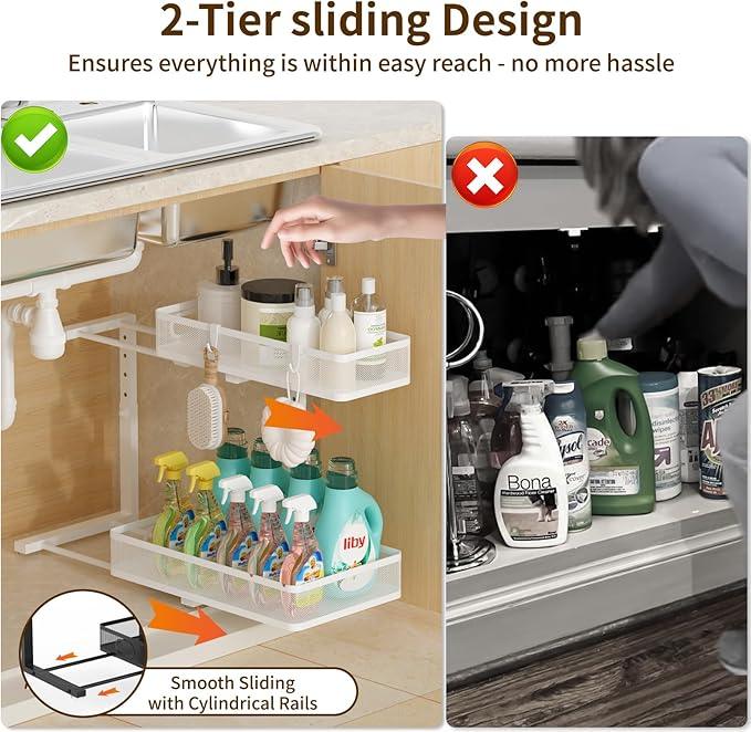 Under Sink Organizer 1 Pack, 2-Tier Slide Out Cabinet Organizer with Metal Sliding Drawer and Hooks, Pull Out Storage Baskets for Kitchen Bathroom Pantry Cabinet Organization (White (1 pack)) - ModernBath
