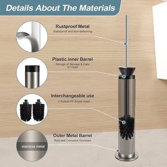 BGL Toilet Brush and Holder Set, Heavy Duty 304 Stainless Steel, Round Base and Long Handle for Bathroom Deep Cleaning, Drip-Proof, Space Saving for Storag, Stainless Steel - ModernBath