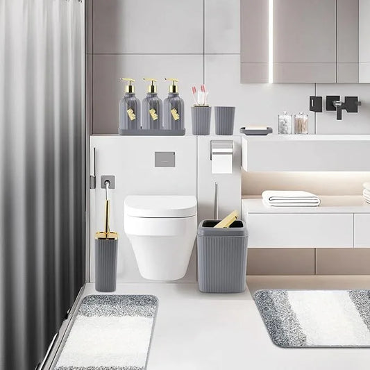 WSBArt 32PCS Bathroom Set Bathroom Sets with Shower Curtain and Rugs Grey Bathroom Accessories,Shower Curtain Set,Bathroom Rug Set with Bathroom Trash Can - ModernBath