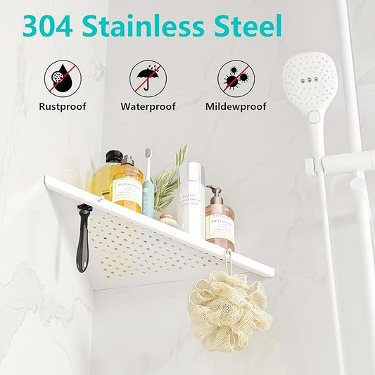 10" Bathroom Corner Shelf, 2 Pack Recessed Shower Shelf Caddy, SUS304 Stainless Steel Shelf Wall Mount Triangular, No Drilling Matte White