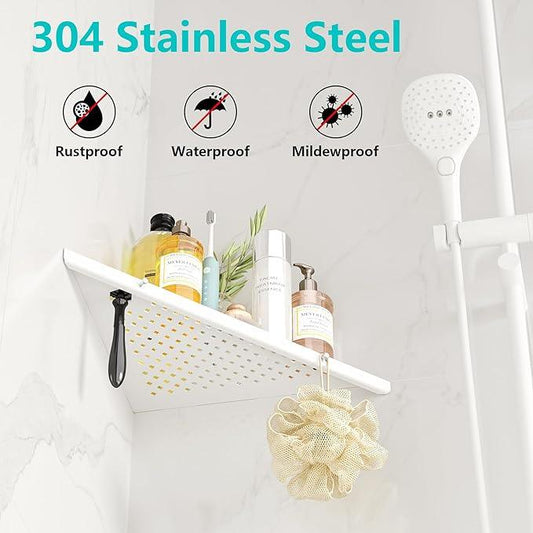10" Bathroom Corner Shelf, 2 Pack Recessed Shower Shelf Caddy, SUS304 Stainless Steel Shelf Wall Mount Triangular, No Drilling Matte White - ModernBath