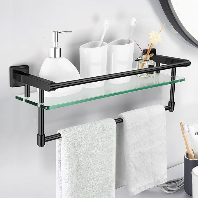 20-inch Glass Shelf with Towel bar, Matte Black-Finished Rail, Rectangular Stainless Steel Shelf, Wall-Mounted Storage Rack - ModernBath