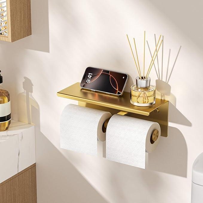 FORIOUS Double Toilet Paper Holder with Shelf, Wall Mount Tissue Roll Holder for Bathroom, 304 Stainless Steel Commercial Toilet Tissue Dispensers with Phone Shelf (1, Brushed Gold) - ModernBath