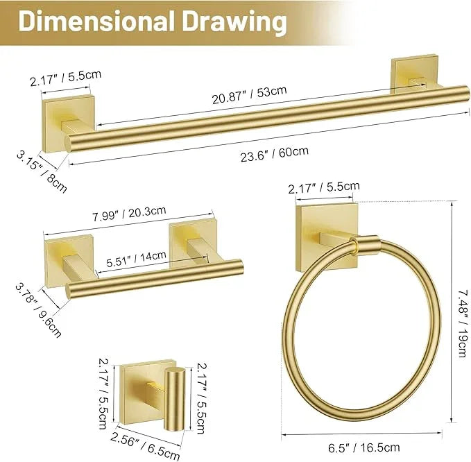 TURS Brushed Gold 5 Piece Bathroom Hardware Accessories Set, SUS304 Stainless Steel Bath Towel Bar Set, 24 Inch Round Bathroom Towel Holder Set Wall Mounted - ModernBath