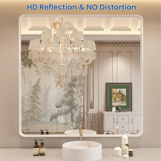 WEER White Bathroom Mirror 36X36 Inch, Rounded Rectangle White Metal Frame Mirror, Matte White Bathroom Vanity Mirror with Tempered Glass, Anti-Rust, Hangs Horizontally or Vertically - ModernBath