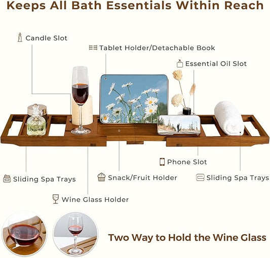 Teak Bathtub Tray, Luxury Bath Table Tray with Wine Glass and Phone Holders & Book Stand, Foldable Wooden Bathtub Caddy for Home Spa Relaxation, Bath Gift for Women(Natural Teak)