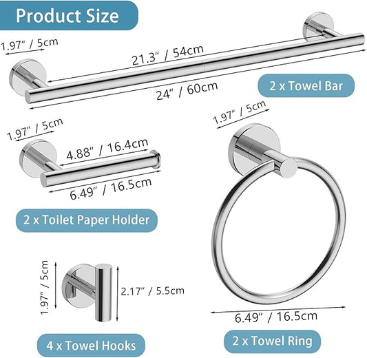 10-Pieces Bathroom Hardware Set, Includes 24 Inch Towel Racks for Bathroom Wall Mounted, Toilet Paper Holder, Towel Hooks for Bathrooms, Towel Rings for Bathroom Wall (Polished Chrome)